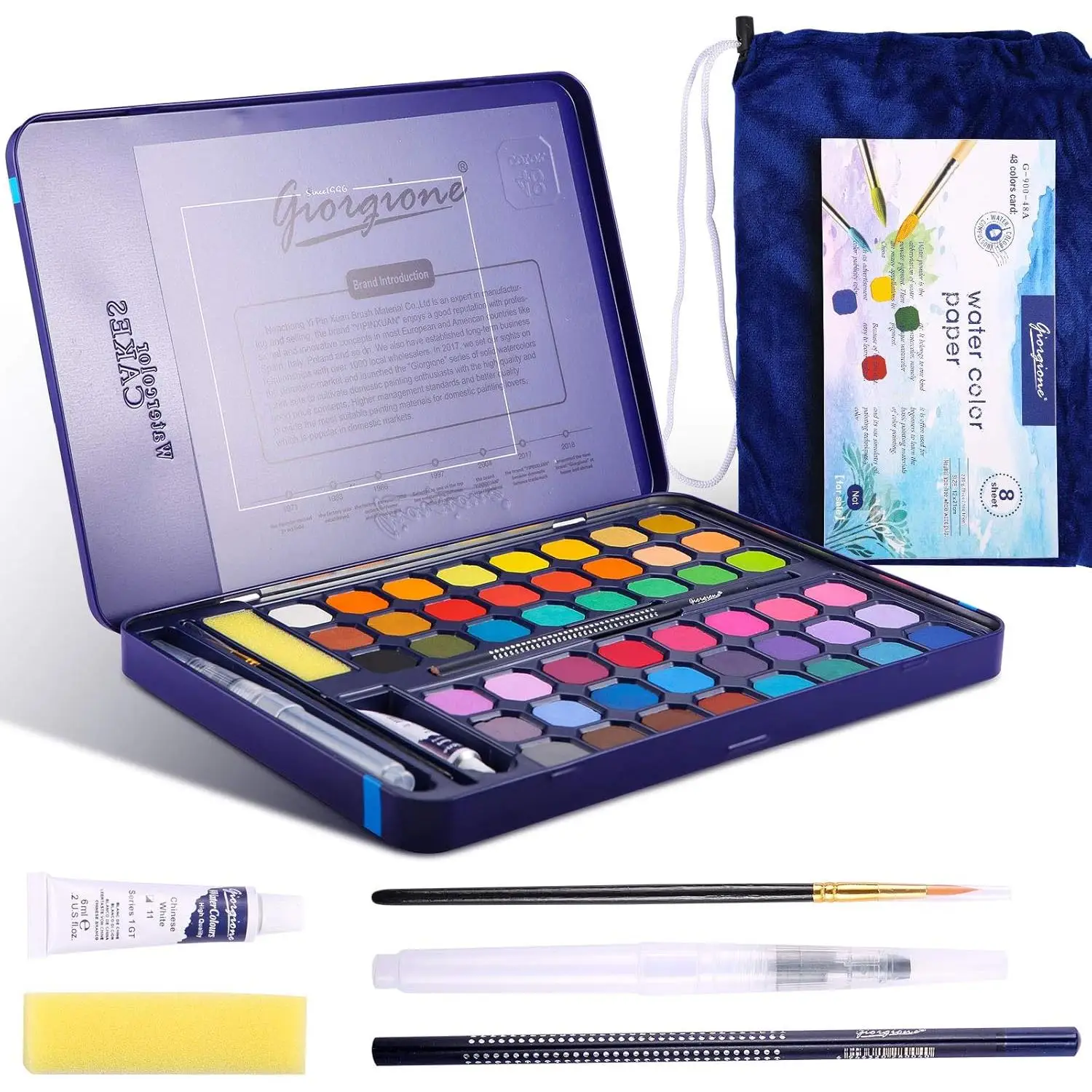 Juego estuche set de pintura de acuarela, colores vibrantes, suministros de arte para adultos, adolescentes, pintura, rotuladores de acuarela, paleta, esponja, bolsa terciopelo almacenaje, lienzo,