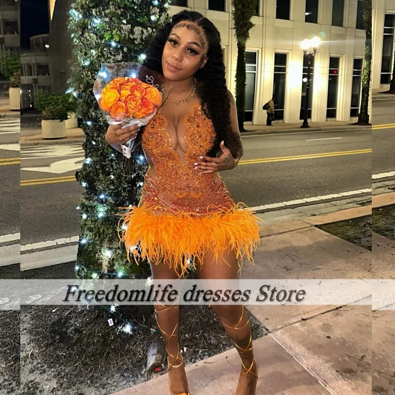 

Elegant Orange Prom Dresses For Women Luxury Sheer Neck Sparkly Black Girl Birthday Outfits 2024 Short Party Gowns