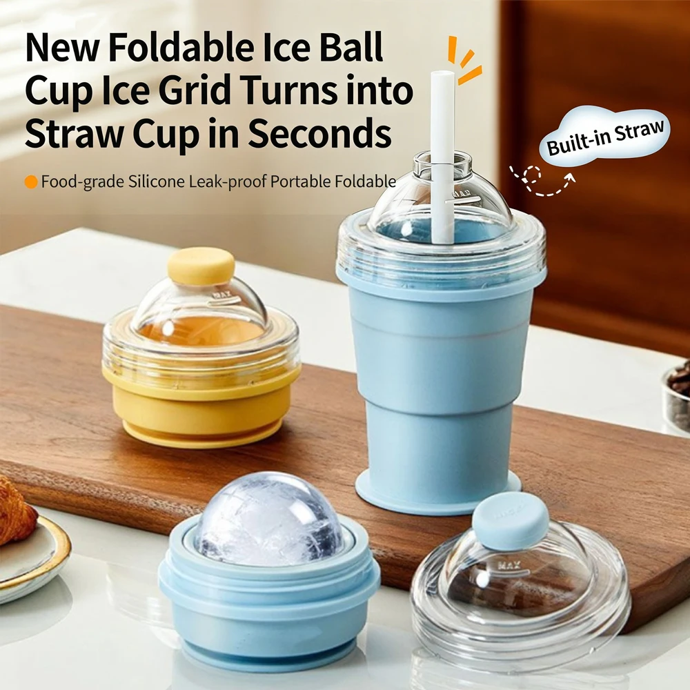 Faltbarer Silikon-Eisballbecher 2-in-1 Eiswürfelbereiter & Trinkbecher, Tragbarer Multifunktions-Reisebecher für den Sommer im Freien
