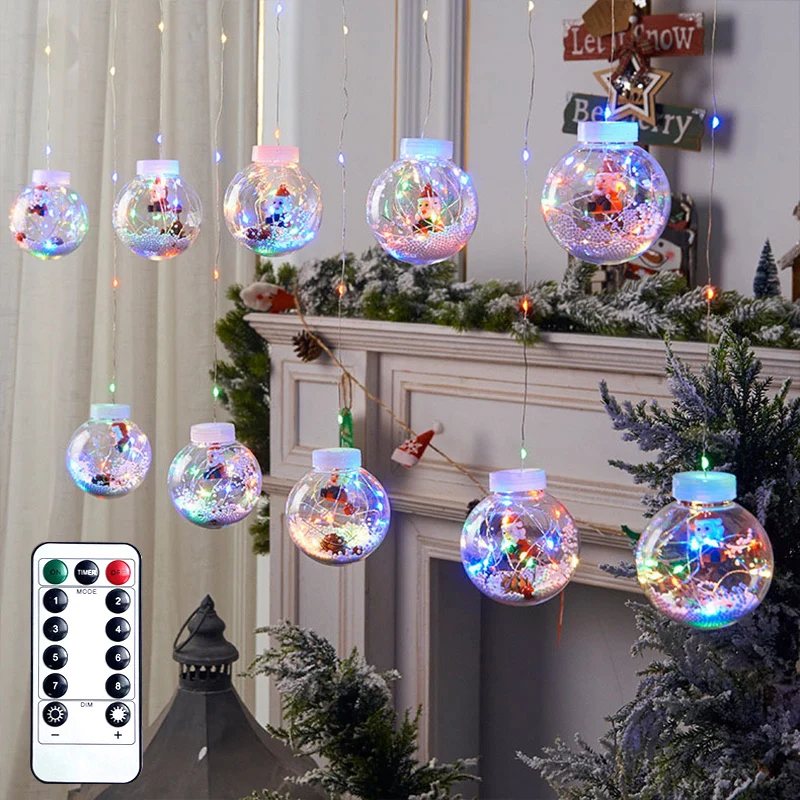 8 Mode Christmas Wishing Ball String Lights, 9.84ft 10 Lights Xmas Santa, Snowman, Curtain Lights for Home Window Ornaments