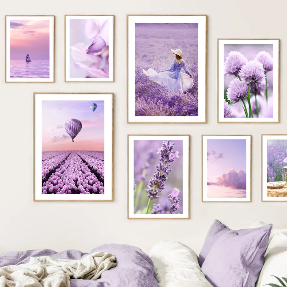 Purple Landscape Posters And Prints Skirt Woman Tulip Sea Cloud Flower Wall Art Mural Canvas Painting Pictures Living Room Decor