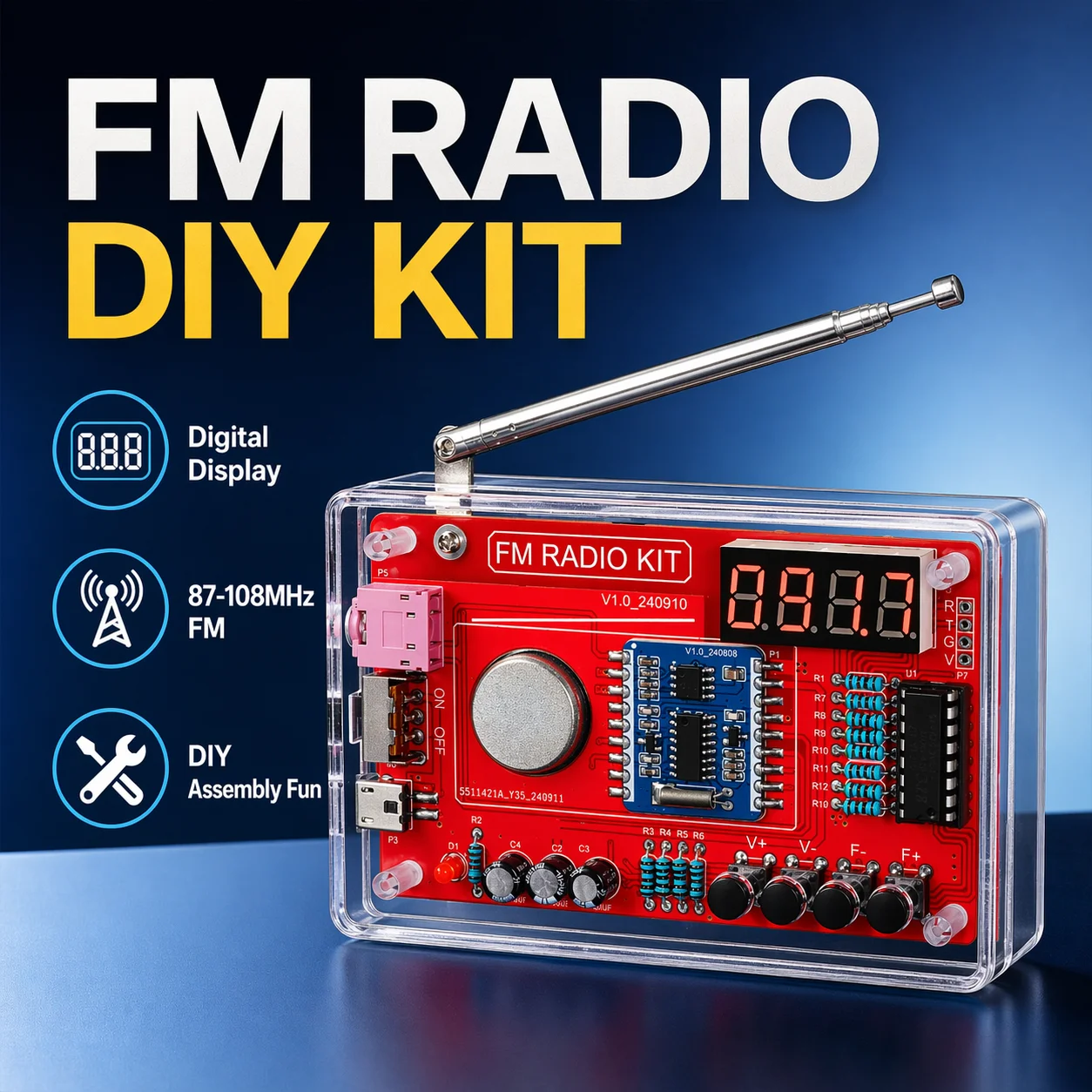 DIY FM Radio Kit with Digital Display, 87-108MHz, 4Ω Speaker, Volume Control, LED, Auto Search & Memory