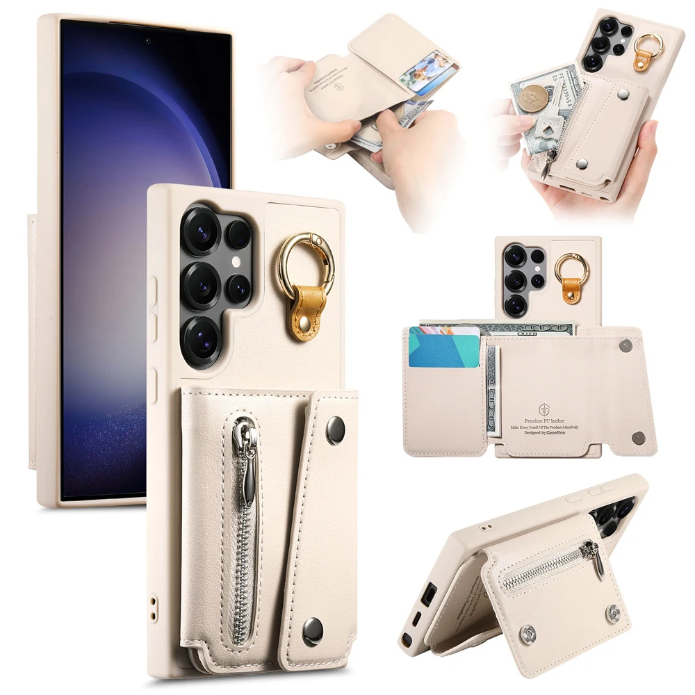 

Кожаный чехол с застежкой-молнией для Samsung Galaxy S25 Ultra S24 Plus A56 A55 A54 A34 A26 A06 A17 A17 Ring Holder Cover