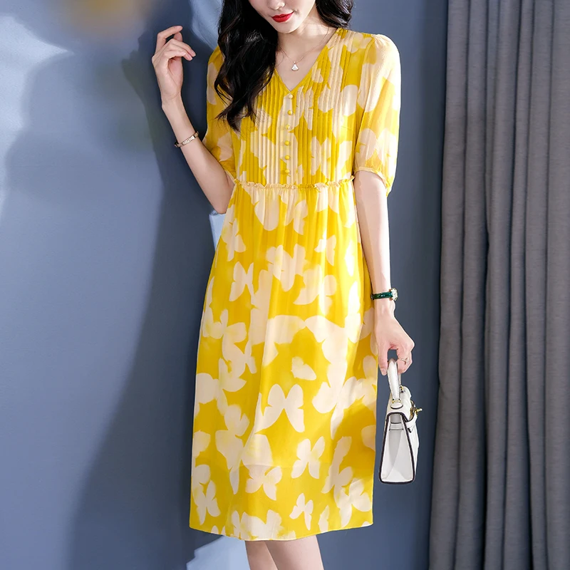 Summer Dresses for Women 2026 Elegant Fashion V-neck Half Sleeve Butterfly Print Dress 100% Real Silk Women's Long Dress