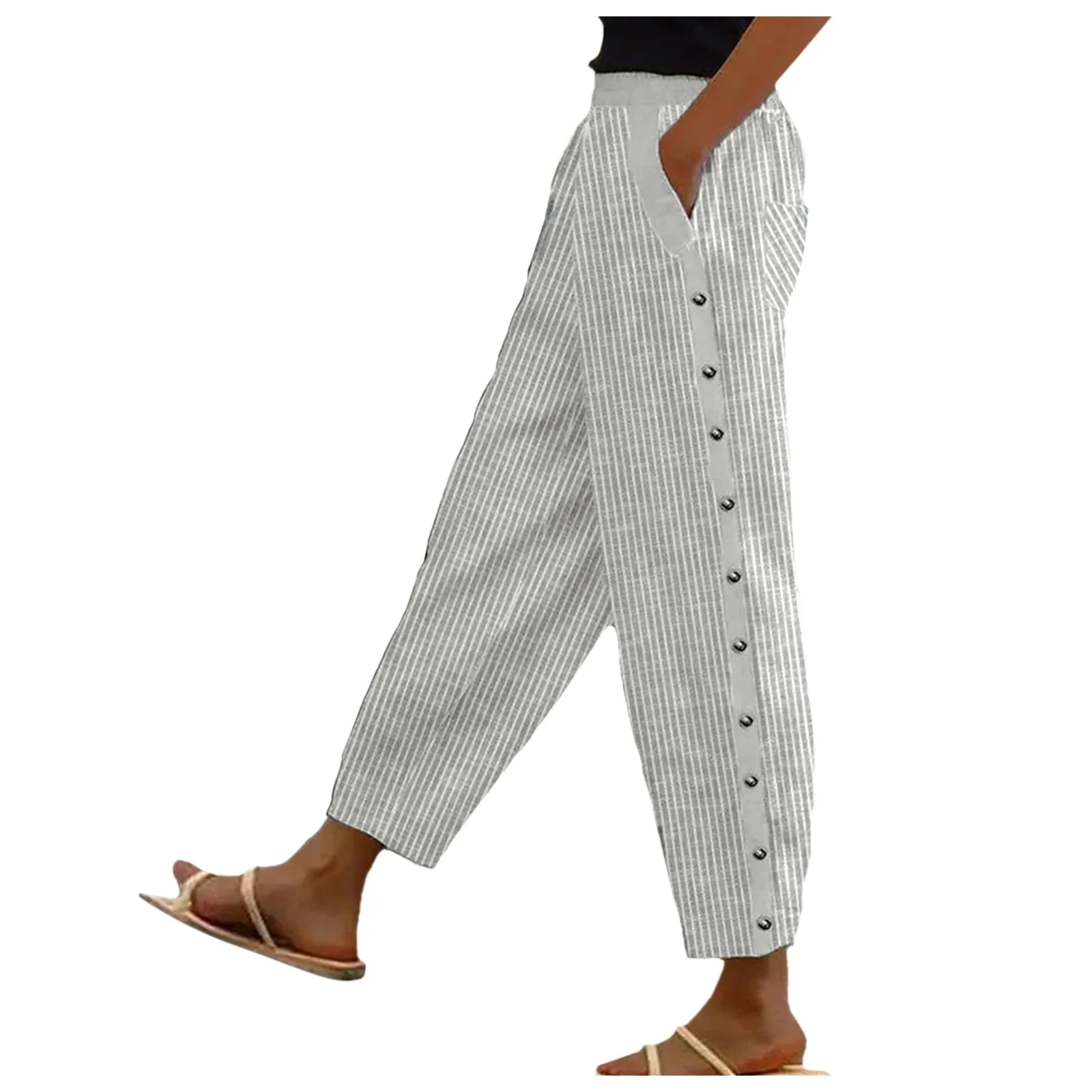 Pantalon décontracté à imprimé rayé pour femme, boutons latéraux, poches, pantalon confortable, taille moyenne, ceinture élastique, été