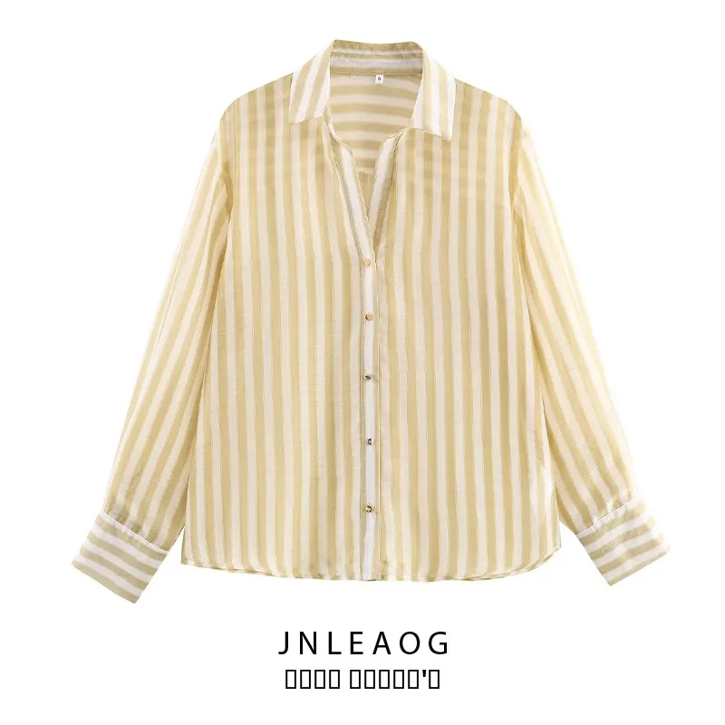 

Fashionable Casual Striped Shirt JNLEAOG Women's Clothing Autumn New Style Turn-down Collar All-match Polyester Long Sleeve
