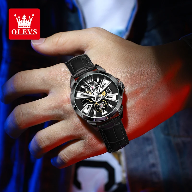 ساعة OLEVS 7051 للرجال ساعة ميكانيكية أوتوماتيكية مجوفة للرجال بحزام جلدي موضة أصلية مقاومة للماء ساعات يد مضيئة