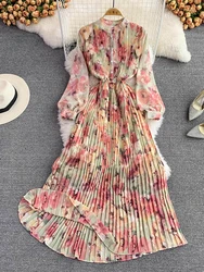 Spring Autumn Bohemian Women Tie Dye Printed Pleated Long Dress Boho Stand Collar Puff Sleeve High Waist Draped Maxi Vestido New