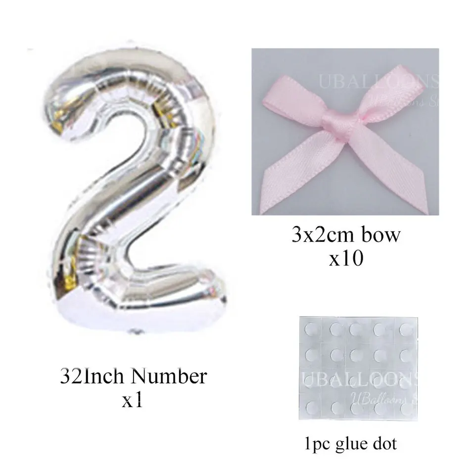Silver Number Balloons with Pink Bows 0-9