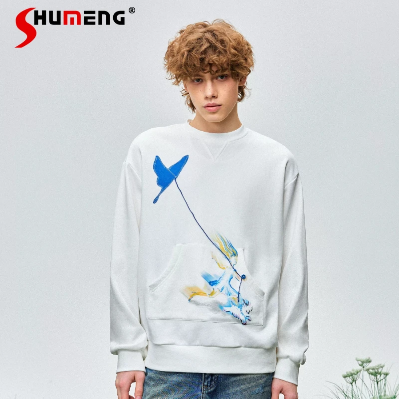 Men's 2026 Spring New Fashion Printing Loose Long-sleeve Pullover Sweatshirts Color Matching Tops Male Chic Fashion Sportswears