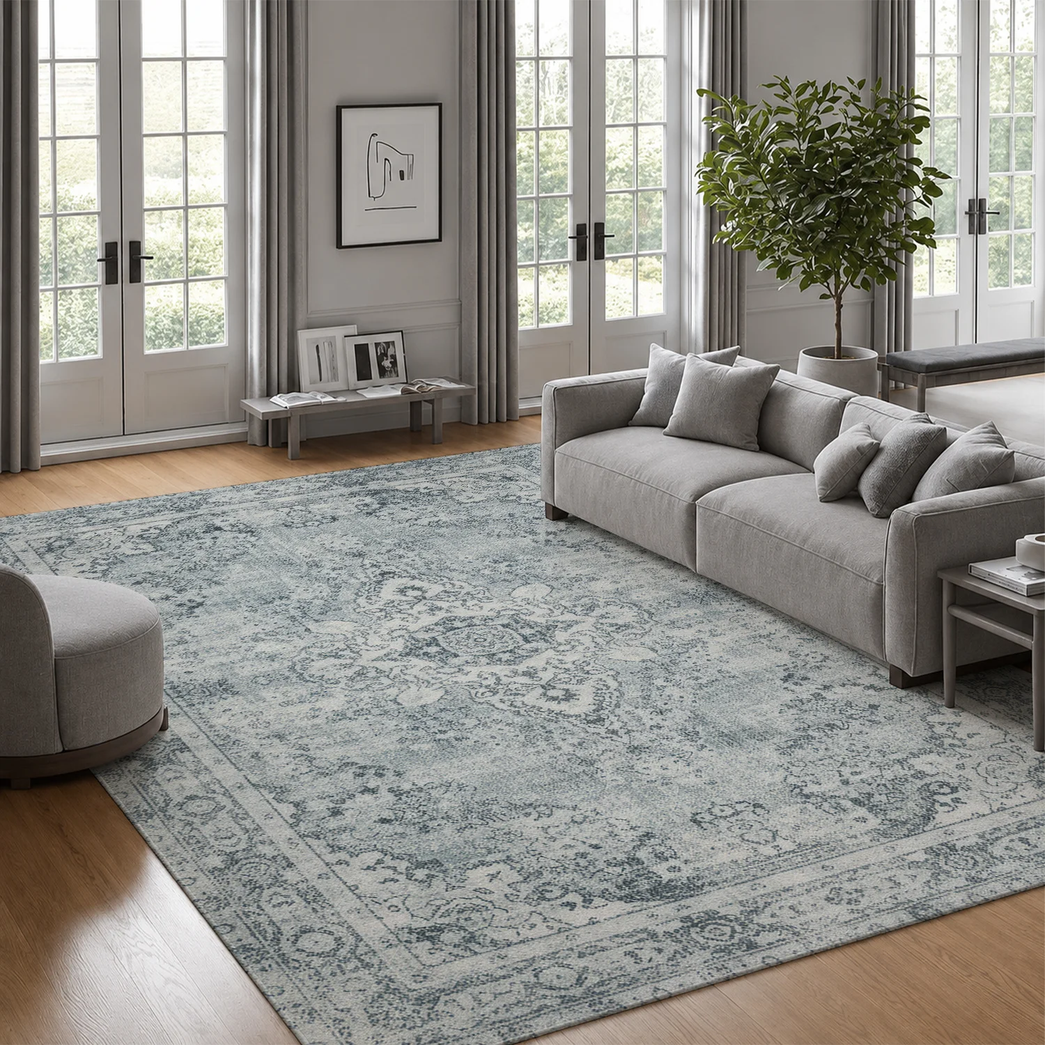 Large Indoor Area Rug, Soft Velvet Low Pile, Non-slip Dotted Backing, Machine Washable Vintage Distressed Medallion Rug, Light Gray Blue Persian Style Area Rug for Living Room Bedroom Dining Room