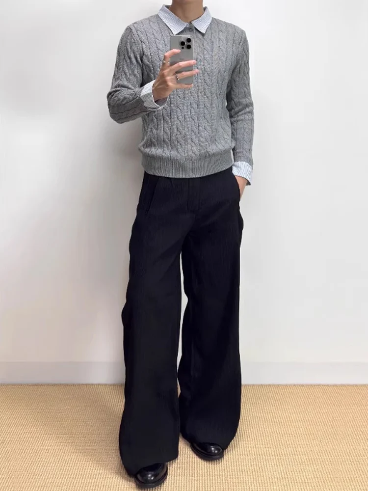 

American Sle Knitted Long Sve Sweater Men's Stripe Pattern Henry Collar Fake Two-Piece Autumn Faion CleanFit Knitwear