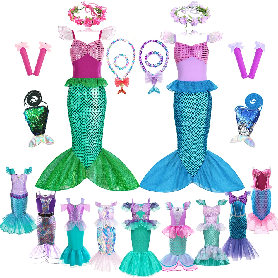 Mermaid Princes Dress Girls Carnival Princess Costume Luxury Ruffles Sequin Frock with Fishtail Tulle Flying Sleeve Party Outfit