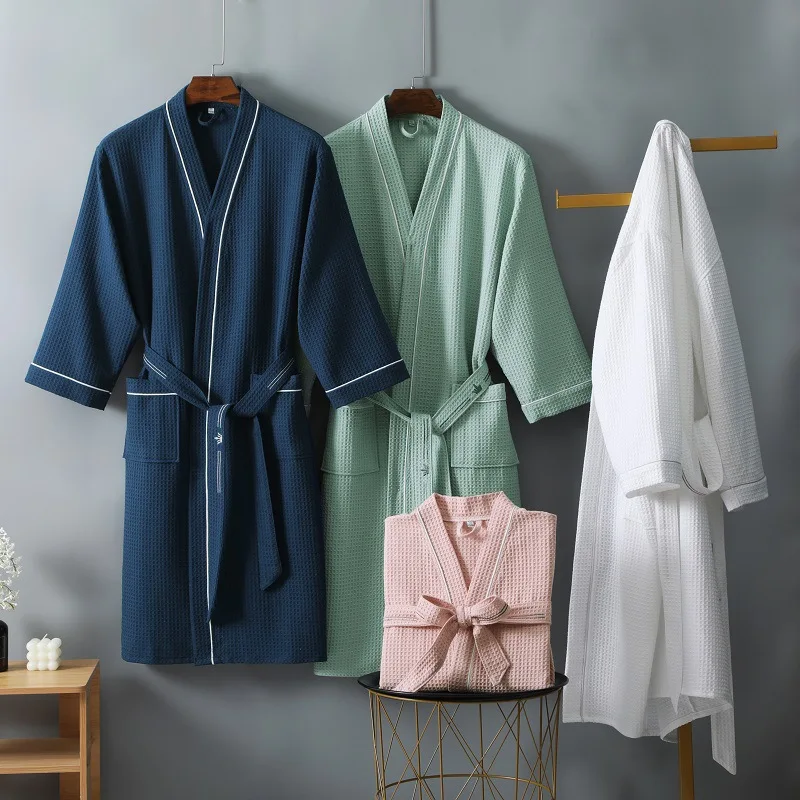 

High-grade Couples Bathrobe Solid Hotel Robe Women And Women 100% Cotton Waffle Kimono Robes Loose Female Water Uptake Sleepwear