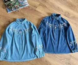 2025 Vintage denim shirts and blouses women autumn Korean fashion long sleeve flowers embroider jean shirts boho tops