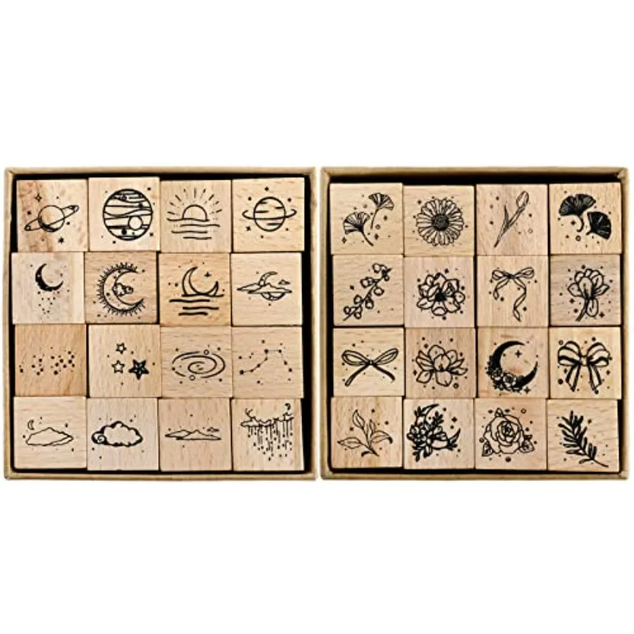 

32 Pieces Wooden Rubber Stamp Set, Decorative Wood for Journal, Diary, Scrapbook, Planner, Letter, DIY Craft, Card Making