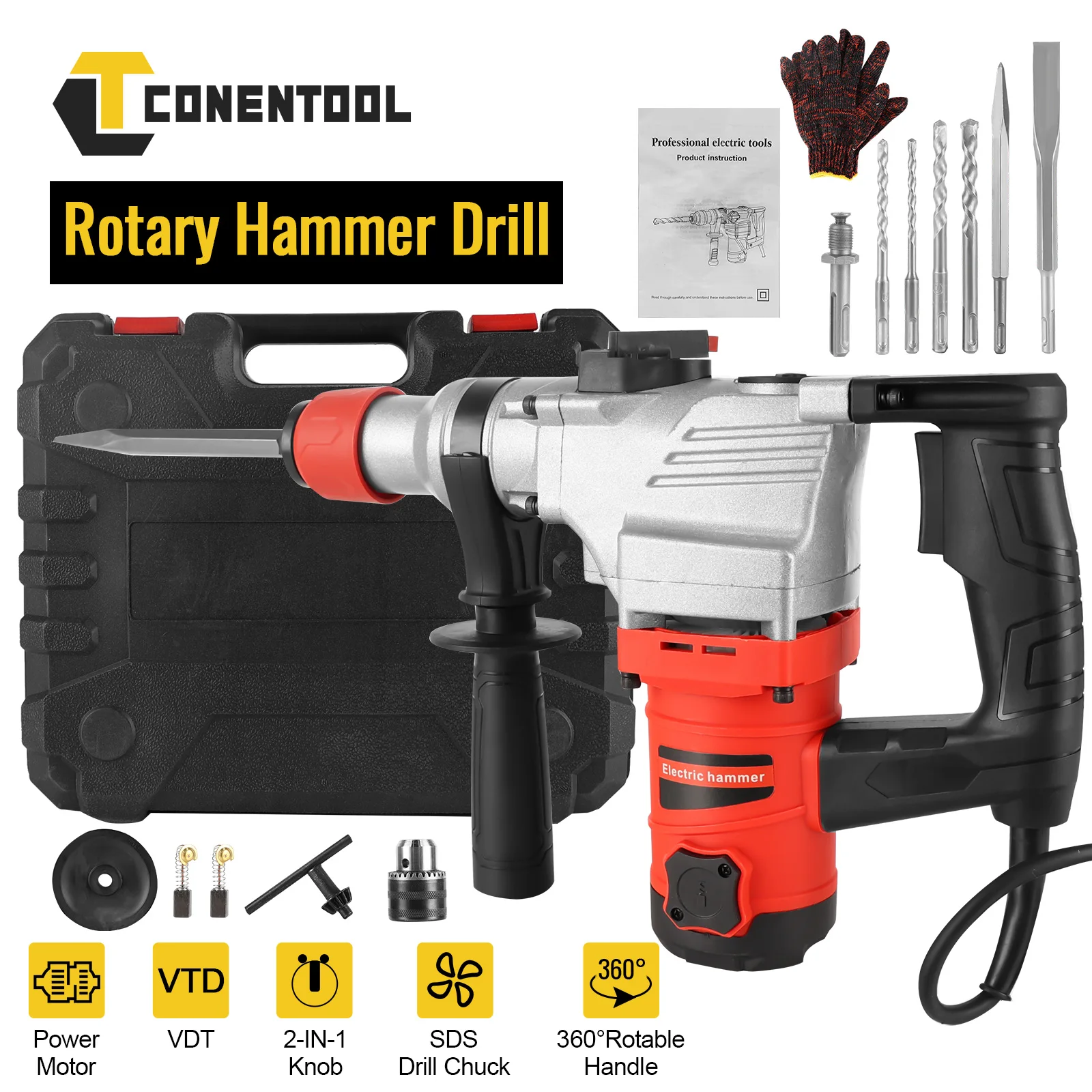 CONENTOOL Cordless SDS-Plus Rotary Hammer Drill, 4 Modes, Brushless,with Handle,2 Batterie,5 Drill Bits, Compatible with Makita