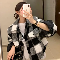 South Korea Chic Winter Retro Elegant Lapel Color-Contrast Check Design Loose Easiest for Match Long Sleeves Short Woolen Coat