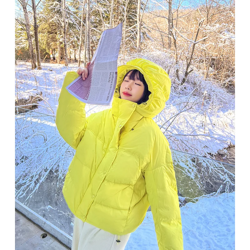 Womens Yellow Down Jacket Winter Thickening Warm Korean Fashion Y2K Female White Down Cotton Hooded Coat Oversized Outwear