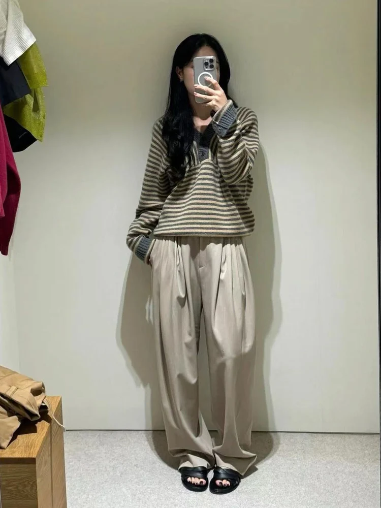 

Sle Striped V-Ne Knitwear Soft Versatile Casual Commute Sle Women's Long Sve Top f Open Front Loose Fit