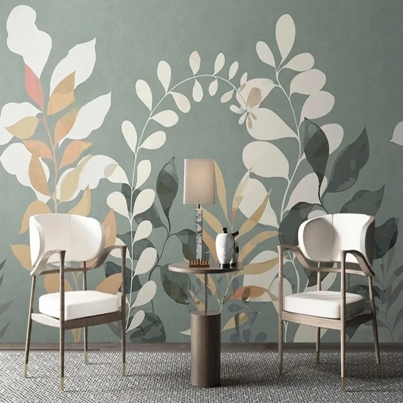 Hand-Painted Nordic Style Botanical Leaf Pattern Custom Wallpaper Mural for TV Sofa Background Wall Decoration Living Room Art