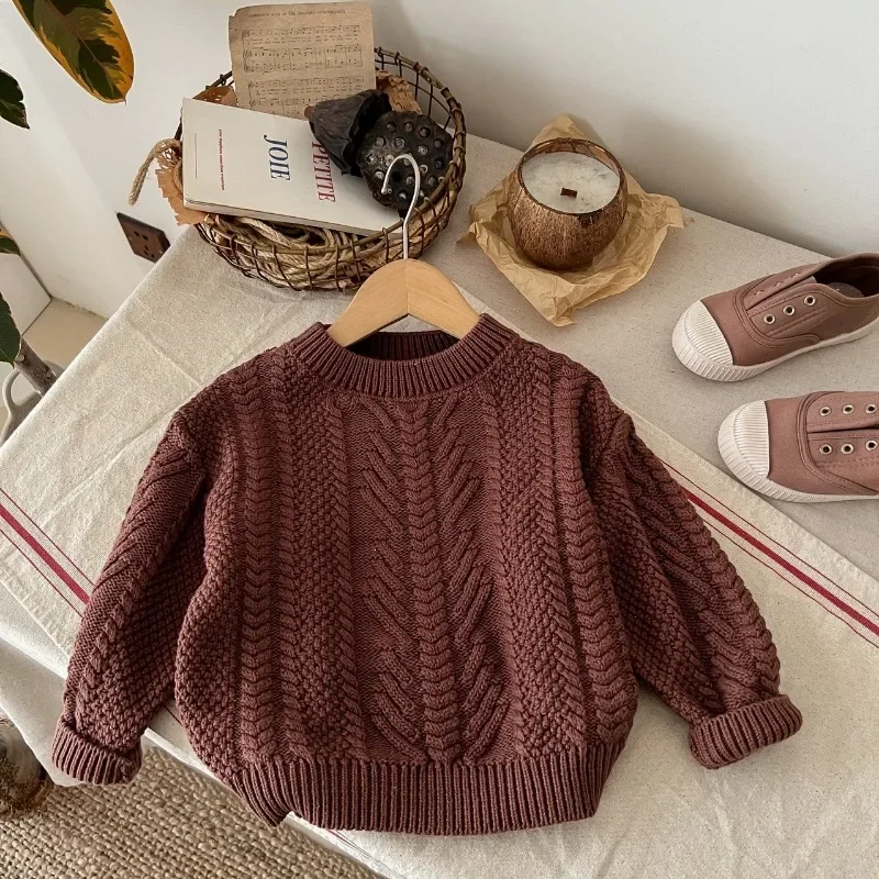 2024 Fall Winter Kids sweater Girls Half high collar Twists knit pullover Boys solid color warm base Tops