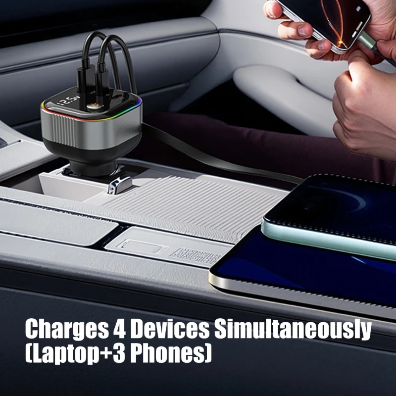 PD65W Retractable Cable Fast Charging Vehicle Adapter LED Display Car