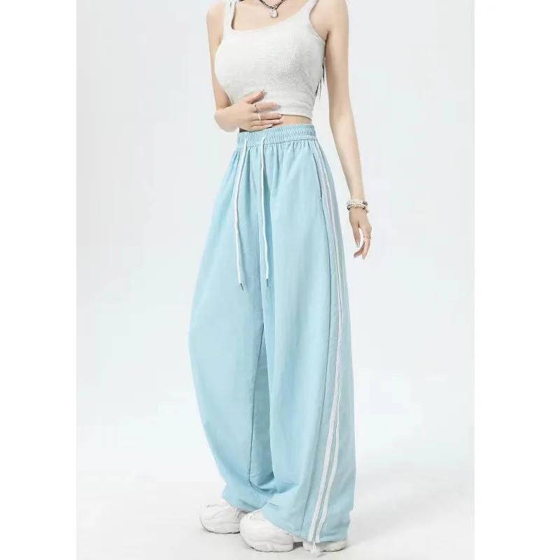 Light Blue Quick Drying Sports Pants Women Summer 2024 Striped Wide-Leg Pants High Waist Straight Leg Loose American Cargo Pants