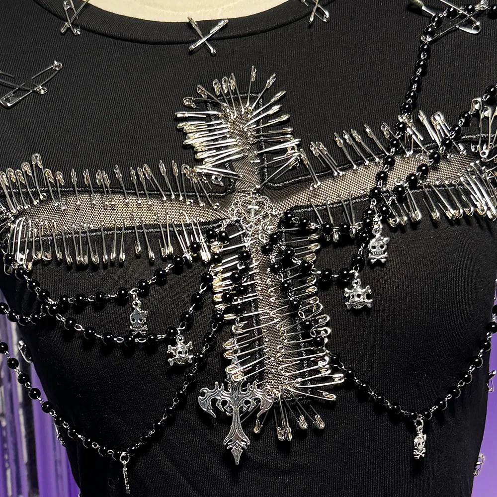 

Grunge Skull Chain E-Girls Gothic T-Shirt Punk Rock Rave Outfits Pin Harajuku Short-sleeved Y2K TOPS Cross Emo Street Wear Goth