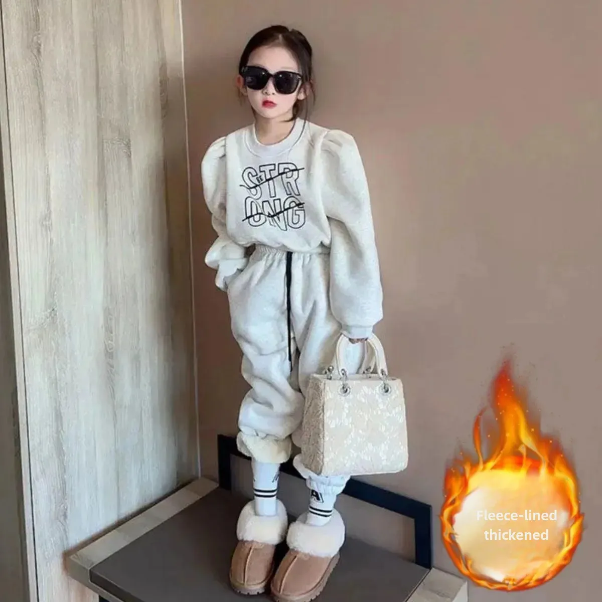 Kids' Fleece-Lined Thickened Warm Sweatshirt Suit Women's Casual Style Two-Piece Set Winter 2024 New Arrival Stylish Kids Clothi