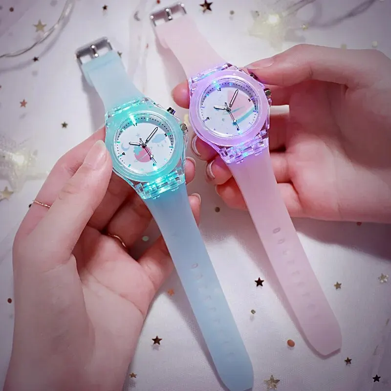 1pcs Jelly Candy Cartoon Watermelon Digital Pointer Quartz Light Girl Watch 1pcs Four-leaf Clover Jewelry Set