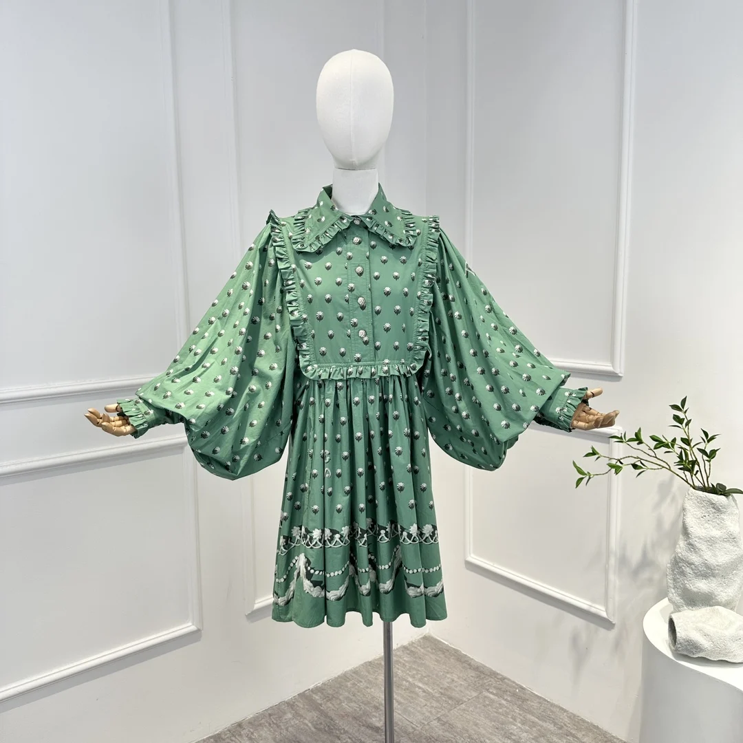 Latest Summer 2023 Top Quality Casual A-line Green Long Lantern Sleeve Cotton Mini Dress for Women with Diamond Buttons