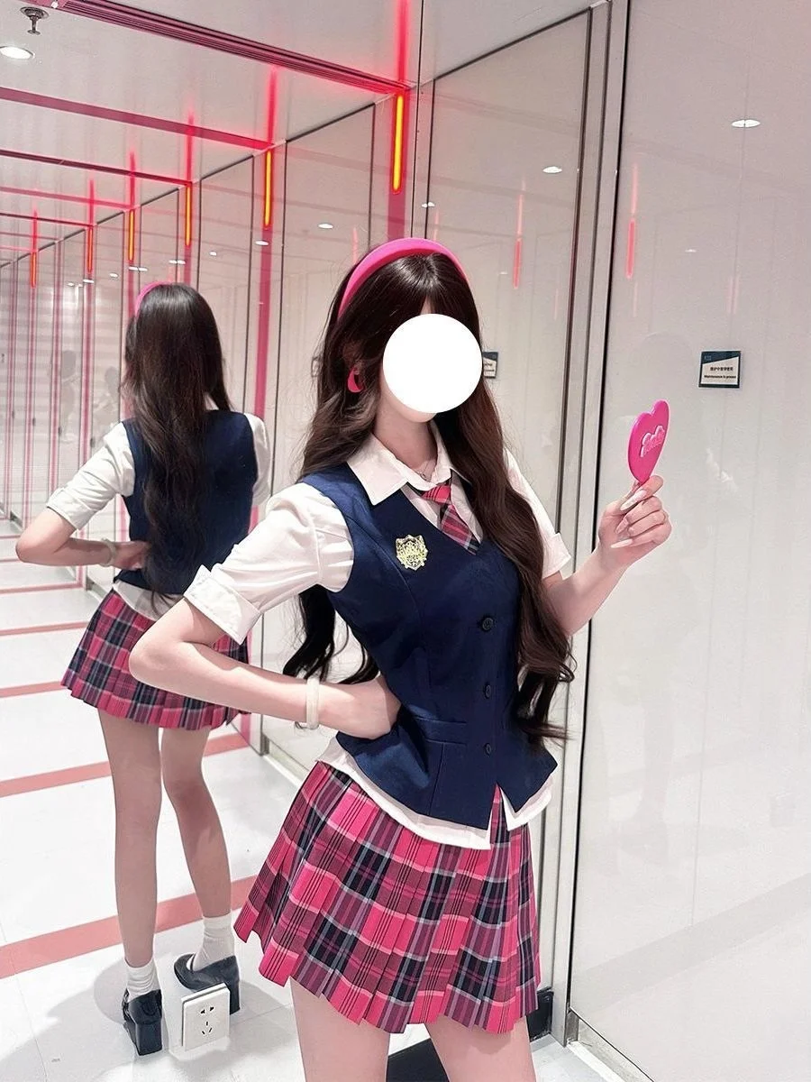 

Miss Delancey JK Uniform Ensemble in Red And Blue Overlap Shirt Top with Pink Plaid Skirt Set Women's Fashion College Style
