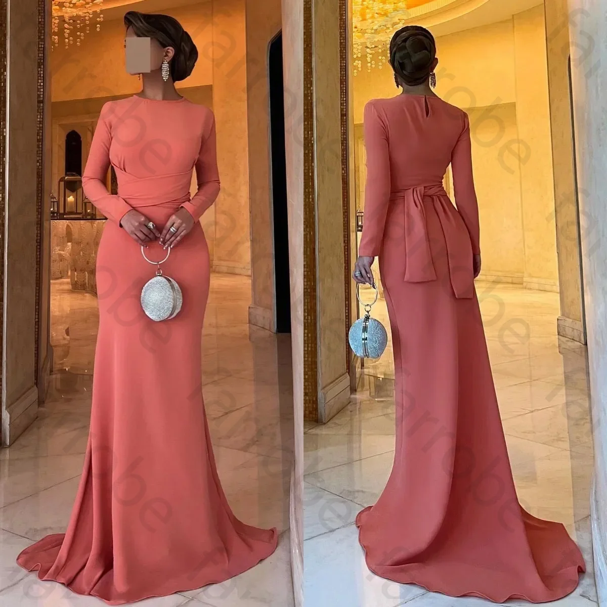 Customized Elegant Coral Pink Mother of The Bride Dresses Jewel Neck Long Sleeves Wedding Guest Dress Floor Length Evening Gowns