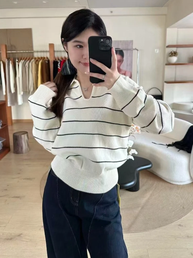 

New Y2k V-neck Polo Neck Striped Sweater Women Aesthetics Vintage Oversized Knit Jumper Female Autumn Long Sleeve Pullovers Tops
