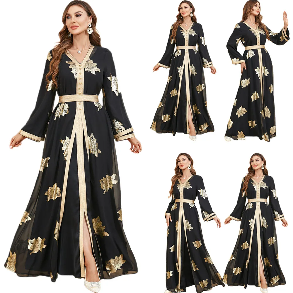 

Muslim Abaya Dress 2 Pieces Dubai Button Tape Trim Belted Kaftan Split Hem Long Dress Print Turkey Arabic Oman Moroccan Caftan