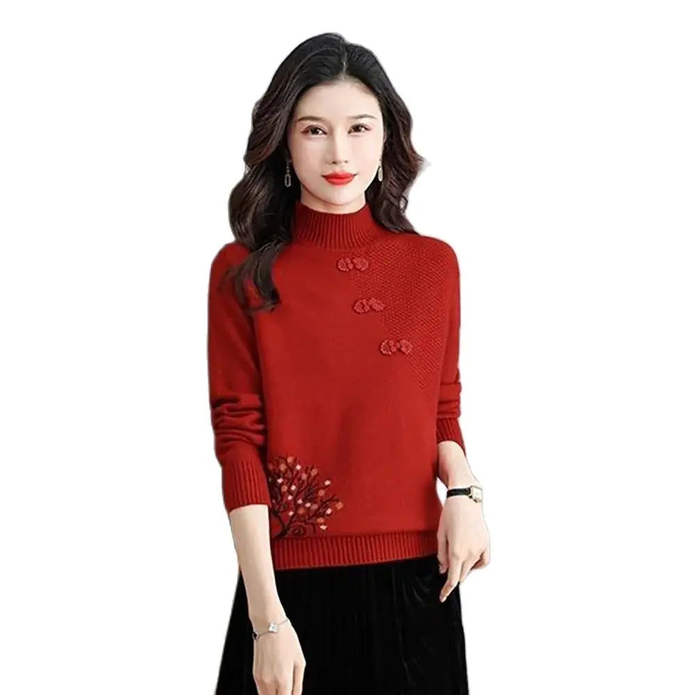 

Half-turtle Neck Women Take The Chinese Style Autumn And Winter 2024 The New Loose Western-style Mother Knitted Bottoming Shirt