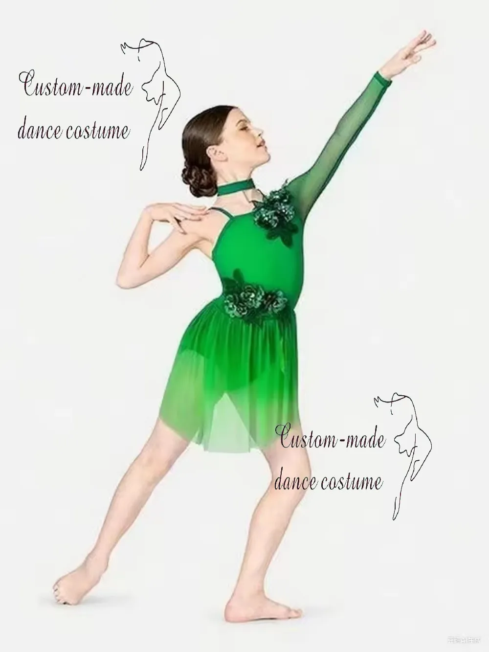 

Детский танцевальный купальник с фиолетовым градиентом, с одним рукавом, цветочной вышивкой и струящейся шифоновой юбкой для выступлений