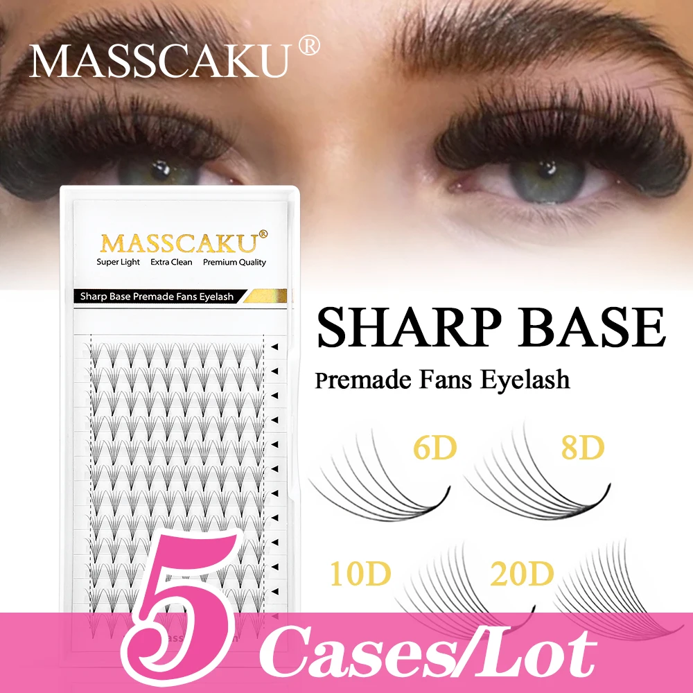 

MASSCAKU 5cases/lot Sharp Pointy Base 20D 10D Premade Slim Medium Stem Russian Volume Silk Individual Lashes Extension Supplies