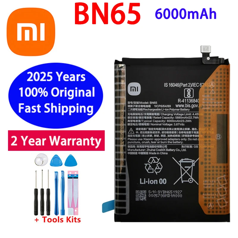 

100% Original New High Quality Replacement Battery BN65 For Xiaomi BN65 Rechargeable Phone 6000mAh Batteries Bateria