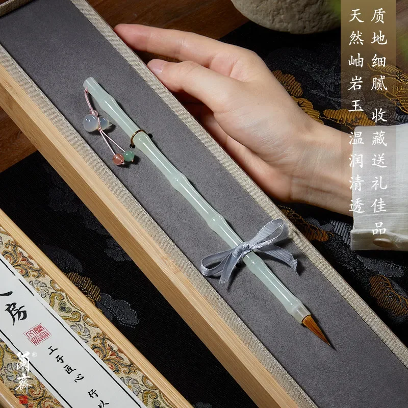 Professional Wolf Hair Calligraphy Brush with Natural Xiuyu Jade Pen Holder Hand Polished Engraved Small Case for Writing Art