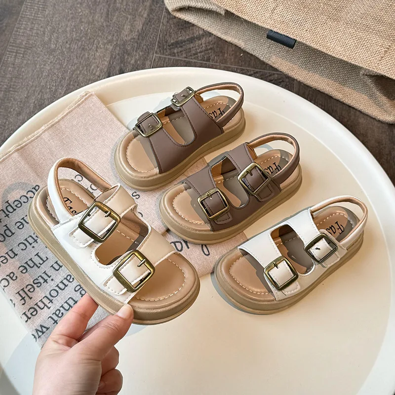 Children Sandals Boys Casual Beach Shoes with Metal Buckle Girls Flats for Summer Vacation Chic Neutral Style Minimalist Design