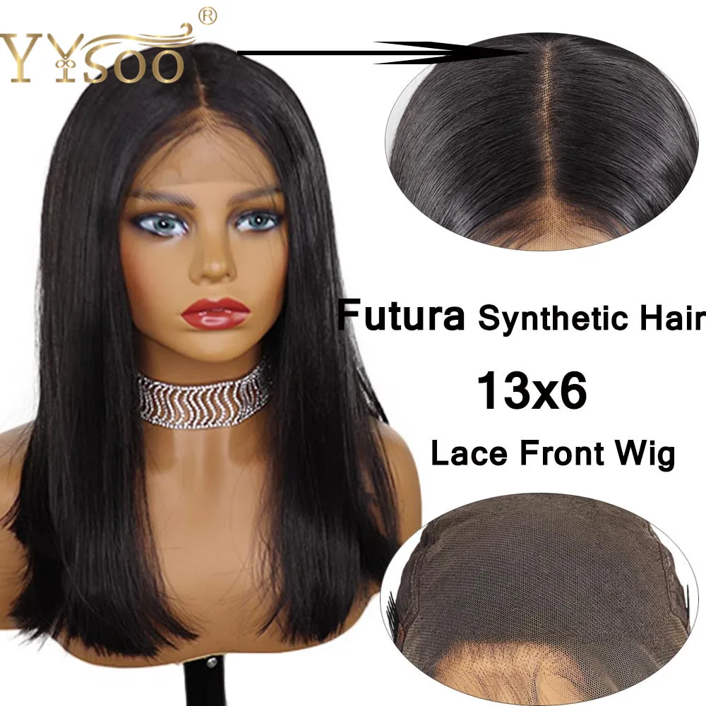 

YYsoo Short 13x6 Futura Heat Resistant Fiber Hair Lace Front Wigs Glueless Black Straight Synthetic Lace Wig Natural Hairline #2