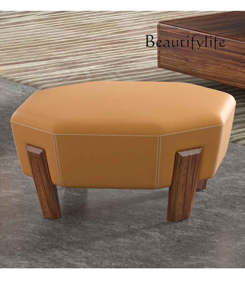 Simple Modern Ugyen Wood Leather Pedal Shoes Sofa Stool Living Room Solid Wood Bed End Stool