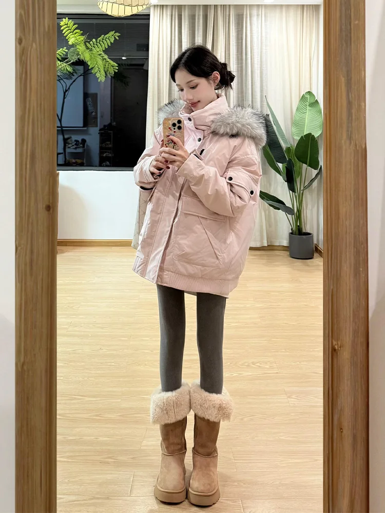 

Korean Sle Thiened Hooded Parka Coat Women's Winter Cotton Jaet with Fluffy Collar Long Sve Zipper Closure Casual Ou...