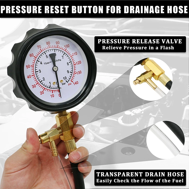 TU-114 Fuel Injector Pressure Gauge Tester Kit Diesel Engine Compression 0-140 PSI Gas Oil Pressure Tools for Car Motorcycle