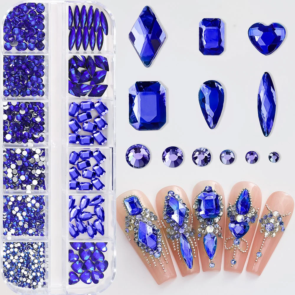 1Box Royal Blue Nail Art Rhinestones 1.5/2/2.5/2.8/3/4MM Flatback Nail Gems In Various Sizes SS4-SS16 Non-hotfix Nail Decoration