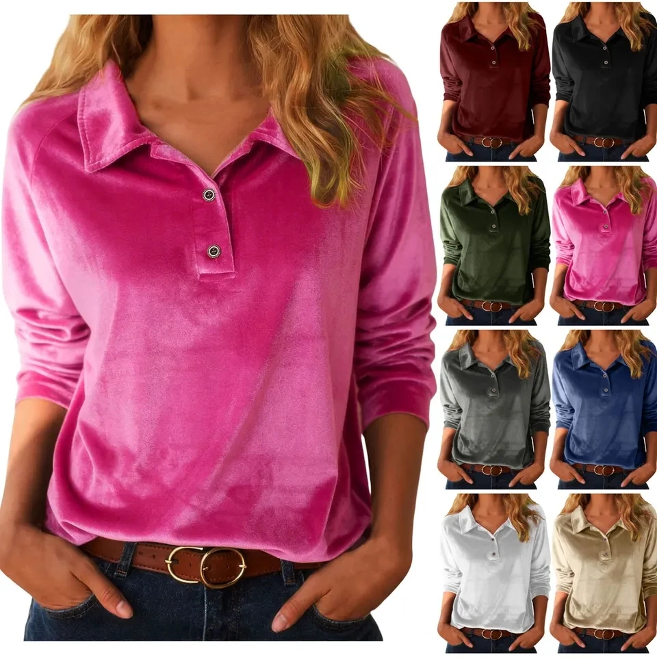 

Spring Velvet T-Shirts For Women Long Sleeve Tunic Tops Casual Solid Color Lightweight Comfy Womens Top Soft Lapel Tee Shirt