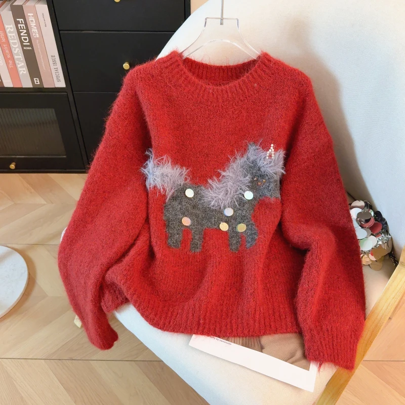 

Women's Red Print Christmas Sweater 2000s Vintage Korean Style Knit Pullover Long Sleeves Cozy Cashmere Sweater Clothes Winter