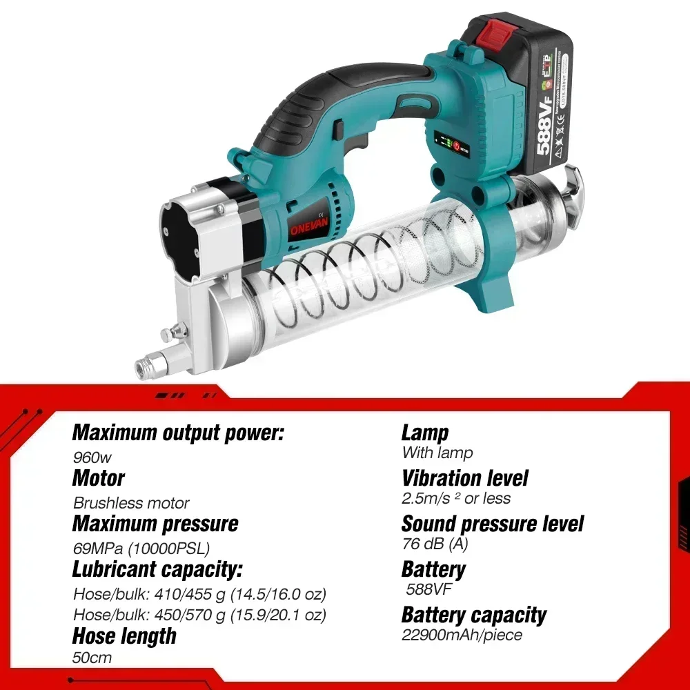 ONEVAN-máquina de grasa eléctrica recargable inalámbrica, herramienta de aceite lubricante de alta presión para coche, batería Makita de 18v,